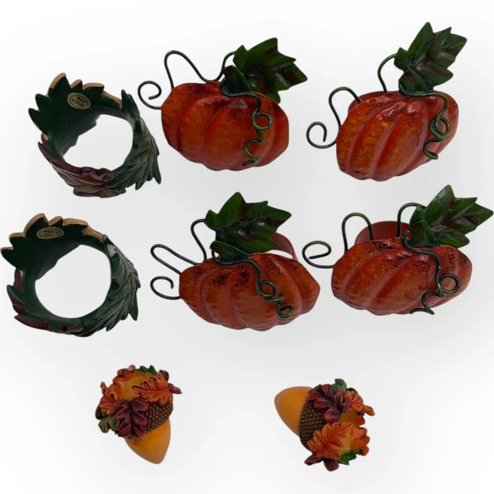 Napkin Rings Pumpkins Leaves Set of 6 Orange Harvest Thanksgiving Fall Decor